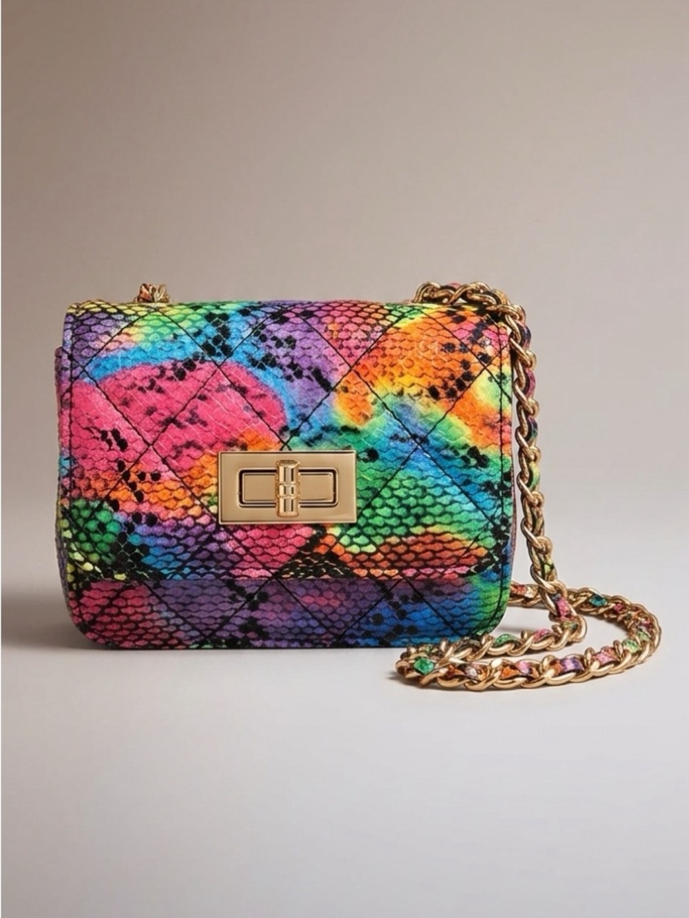 Multicolor Snake-Print Quilted Crossbody Bag - Gold Hardware